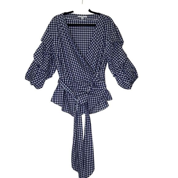 Fever Navy & White Gingham Tiered Full Sleeve True Wrap Top Sz XL Cha Cha, Chic - Picture 1 of 11